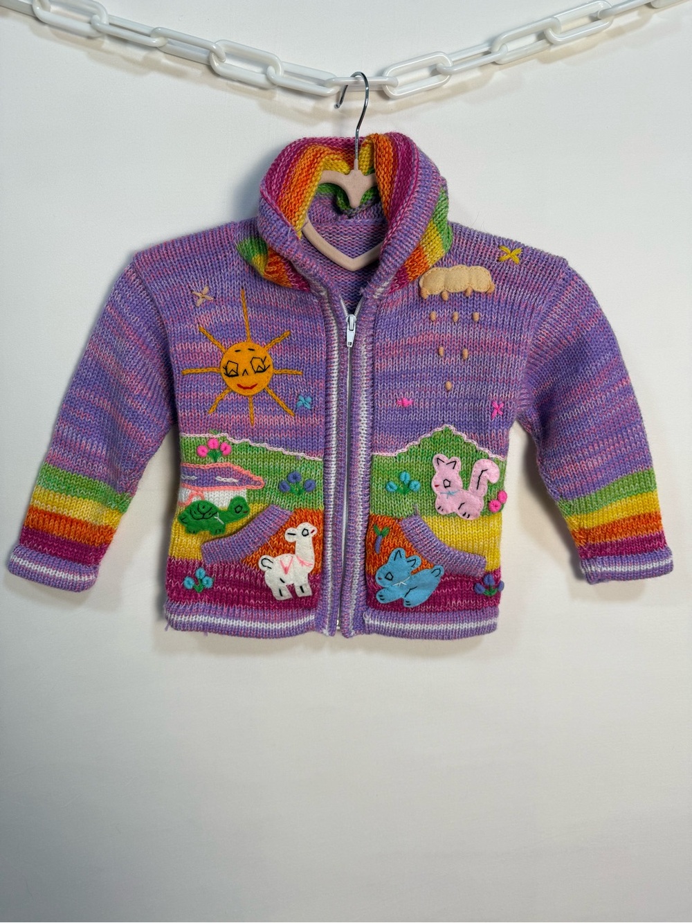 Kids Purple Rainbow Animal Knit Zip Hoodie